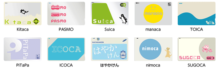 Kitaca(キタカ)、PASMO(パスモ)、Suica(スイカ)、manaca(マナカ)、TOICA(トイカ)、PiTaPa(ピタパ)、ICOCA(イコカ)、はやかけん、nimoca(ニモカ)、SUGOCA(スゴカ)